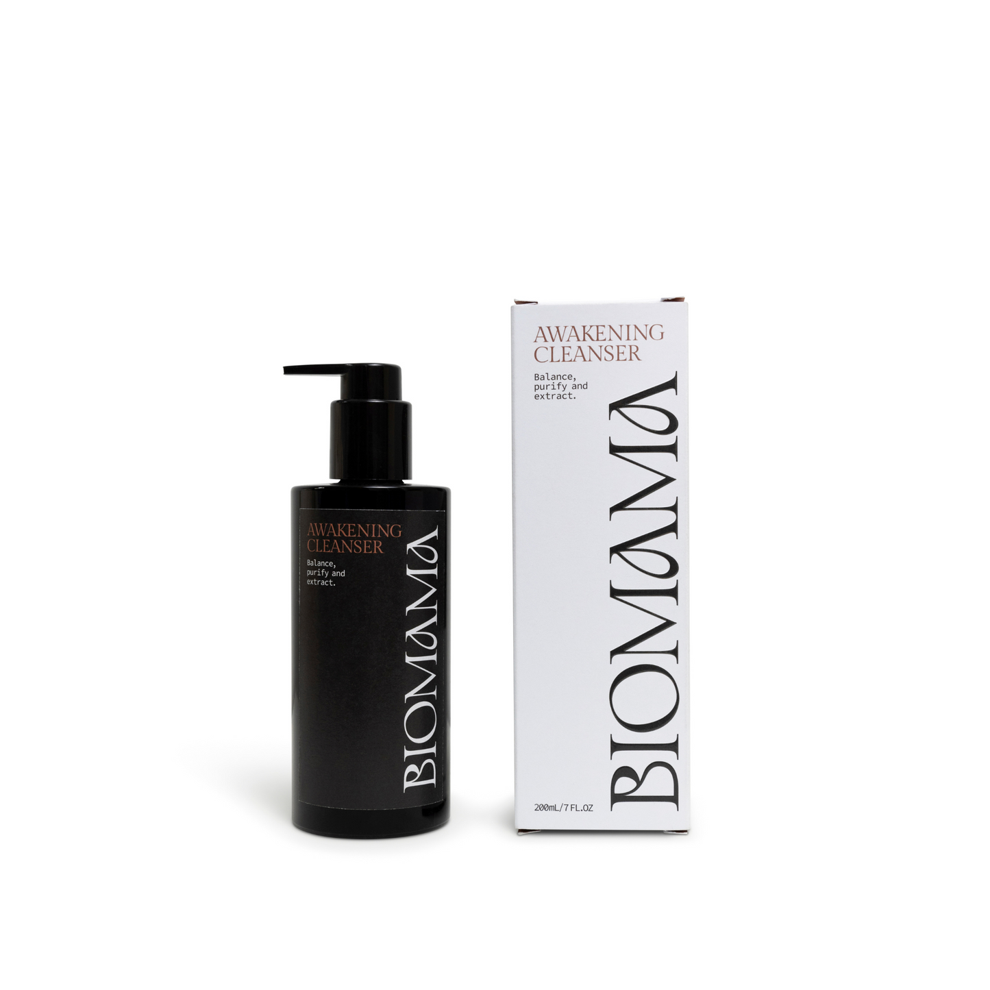 Biomama Skincare Awakening Cleanser pump bottle and box